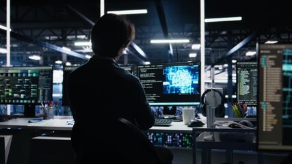 Poster - Data center engineer working on artificial intelligence neural network software development. Server hub IT professional implementing machine learning technology in workplace, camera A