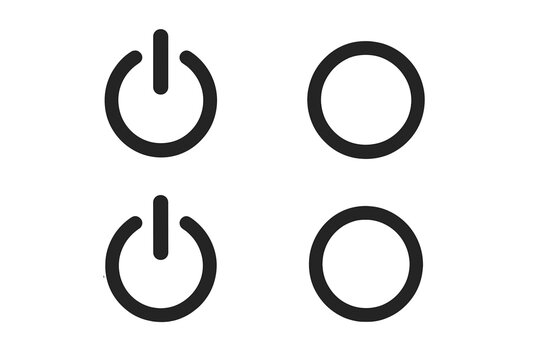 Power Button Icons Set. Modern On Off Symbol Collection. Simple Computer Power Switch Sign. Black Line Circular Button Vector Illustration. Minimal Device UI Elements Isolated on White