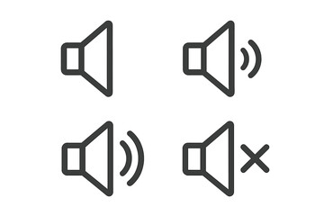 Poster - Speaker Volume Icon Set. Loudspeaker Mute, Sound Off, Sound On, Volume Levels. Audio Symbol. Music Notification. Vector Isolated. Modern Line Design, UI UX Elements, Mobile App Volume Control