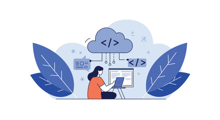 Cloud computing concept with software developer in minimalist style