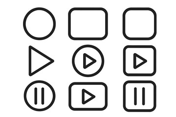 Fototapete - Minimalist Media Player Button Icons Set – Play, Pause, Stop, Rectangle, Square, Circle, Vector Line Art, Transparent Background, UI Elements for Web and App Design