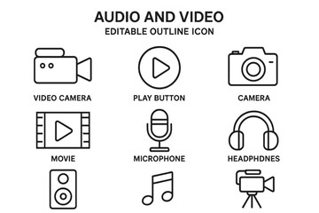 Fototapete - Audio and video line icon set. Collection of editable outline pictograms for web and apps. Includes camera, movie, microphone, play button, headphones, speaker, music note.