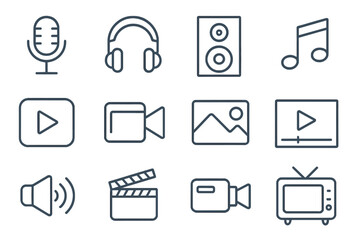 Fototapete - Audio and video line icon set. Multimedia player outline symbols for web and mobile apps. Music, movie, sound, camera, play, record and streaming vector signs collection.