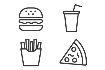 Fototapete - Fast food line icon set. Hamburger, pizza slice, french fries and soda drink outline icons. Simple linear vector graphic for restaurant menu, web, app, ui, ux design.