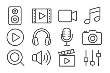 Fototapete - Audio video media multimedia icon set. Thin line icons for web and mobile app design. Music, sound, player, camera, microphone vector symbols. Editable stroke graphics.