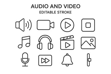 Fototapete - Audio and video line icon set. Multimedia player buttons for web design and mobile apps. Vector outline symbols. Sound, music, movie, camera, play, microphone icons.