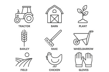 Fototapete - Farm and agriculture line icon set. Farming thin line symbols. Tractor, barn, field, plant, wheat, chicken, rake, wheelbarrow. Editable vector outline graphic elements.
