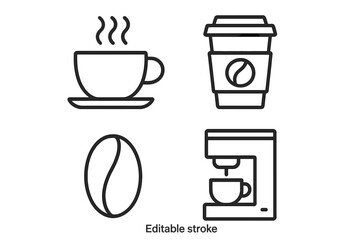Fototapete - Coffee line icons set. Vector symbols for cafe menu, coffee shop, and beverage. Editable stroke. Hot drink, espresso, latte, cappuccino, coffee maker, and bean icons.