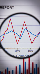 Poster - Magnifying glass focuses on detailed financial charts, red and blue lines showing percentage increase and decrease, symbolizing business analysis and market trends