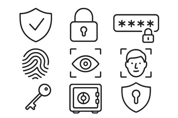 Fototapete - Security line icons set. Cyber security and data protection concept. Shield, padlock, password, key, and safe. Biometric authentication with fingerprint, face ID, and eye scan.