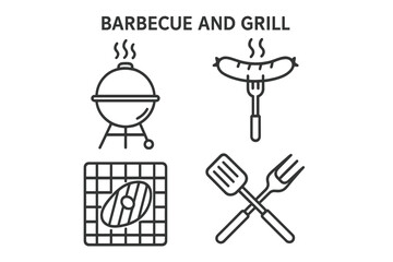 Fototapete - Barbecue and grill outline icon set. BBQ party concept with sausage, steak, and cooking utensils. Vector linear pictograms for summer food, web and apps. Editable stroke.
