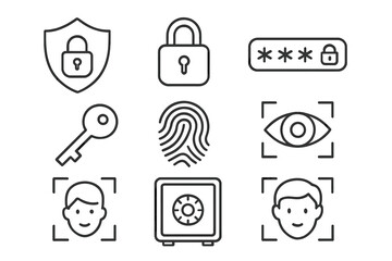 Poster - Security icon set for cyber security and data protection. Biometric authentication with fingerprint, face recognition, and eye scan. Vector icons of password, padlock, key, safe.
