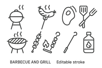 Poster - Barbecue and grill line icon set. BBQ party cooking concept. Outdoor picnic food symbols. Vector sausage, steak, kebab, kitchen tools. Editable stroke pictogram collection.