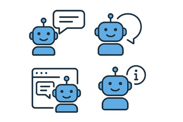 Poster - Chatbot icon set in flat style. AI robot for customer support service. Virtual assistant for online consultation. Messenger bot communication technology vector illustration.