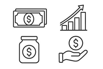 Poster - Finance money investment icons. Business growth chart. Savings jar concept. Hand with coin. Dollar cash. Financial success profit. Banking outline symbols. Economy line art.