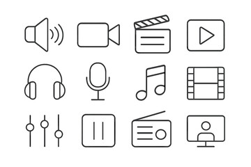 Poster - Audio and video thin line icon set. Multimedia and entertainment pictograms collection. Editable vector symbols for sound, music, film, streaming, web and mobile app UI.