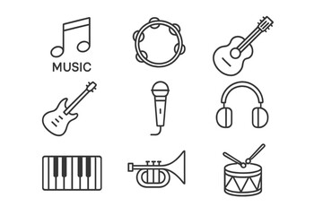 Poster - Music instrument line icon set. Vector symbols for web design. Guitar, drum, piano, trumpet, microphone, headphones, note. Audio, sound, melody, concert, band, studio.