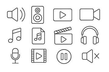 Poster - Audio and video line icon set. Media player interface elements. Sound, music, film and movie symbols for web and app. Editable stroke vector outline pictograms collection.