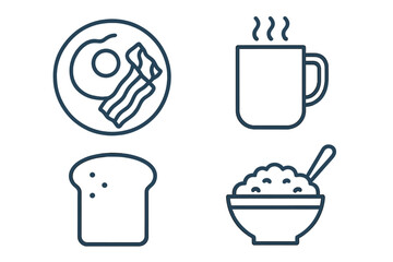 Aufkleber - Breakfast food line icon set. Morning meal collection with bacon, egg, coffee, toast and oatmeal. Simple outline pictogram for web, app, ui. Vector graphic illustration.