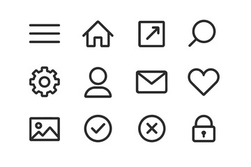 Fototapete - Web and mobile UI UX icon set. Basic universal interface symbols for app and website navigation. Simple linear pictogram collection with editable outline. Minimal vector design elements.