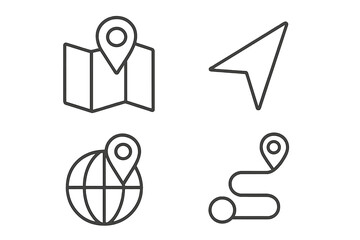 Fototapete - Navigation line icon set with map pin, GPS pointer, and travel route. Location marker, destination point, and global direction symbols. Vector outline icons for web and apps.