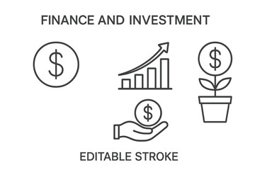 Poster - Finance and investment thin line icon set. Business success, money growth, and profit concept. Vector symbols of savings, chart, currency, and economy. Editable stroke.