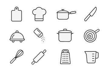 Aufkleber - Cooking line icon set. Kitchen utensils and equipment outline symbols. Chef hat, pot, pan, knife for restaurant menu, recipe app, food blog. Editable stroke vector pictograms.