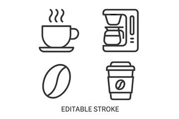 Fototapete - Coffee icon pack. Vector line icons of coffee maker, hot cup, bean, to-go mug. Minimal flat design for cafe menu, beverage concept, web and app user interface. Editable stroke.