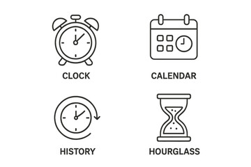 Fototapete - Time management icon set. Clock, calendar, history, and hourglass symbols. Linear outline vector icons for schedule, deadline, timer, and appointment concepts for web & apps.