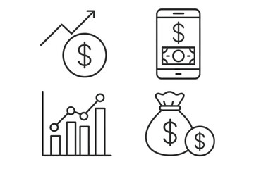 Poster - Finance and business growth icon set. Vector line art symbols for investment, profit, and success. Includes money chart, dollar coin, online banking, and wealth icons.