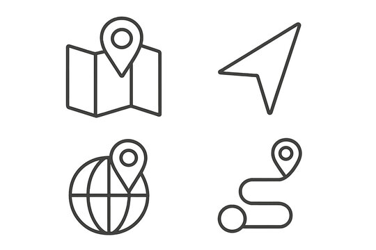Navigation line icon set with map pin, GPS pointer, and travel route. Location marker, destination point, and global direction symbols. Vector outline icons for web and apps.