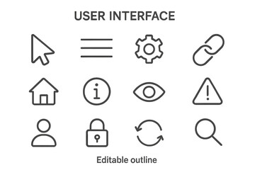 Fototapete - User interface line icon set. Essential UI and UX outline icons for web design, mobile app, and websites. Vector collection of minimal symbols for navigation and web development.