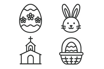 Fototapete - Easter icon set. Thin line art collection with holiday symbols. Egg hunt, bunny rabbit, church, basket with eggs. Vector illustration for web, mobile apps, graphic design.