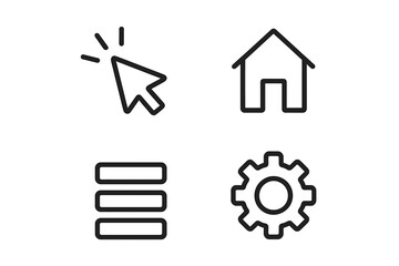 Fototapete - UI UX icon set for web and mobile app design. Vector line icons including home page, click cursor, hamburger menu, and settings gear symbol for website interface navigation.
