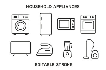 Fototapete - Household appliances linear icons set. Home and kitchen electronics collection. Washing machine, fridge, microwave, oven, TV, iron, blender, vacuum cleaner vector symbols.