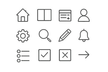 Fototapete - Universal UI icon set. Essential linear icons for web and mobile app design. Includes home, user, settings, search, and navigation symbols. Editable outline vector graphic.