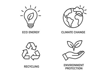 Poster - Ecology and environment icon collection. Concepts for eco energy, climate change, recycling, and nature protection. Thin line vector icons for web design, apps, and sustainability.