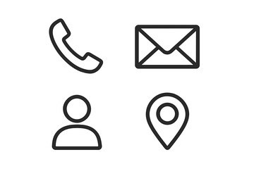 Fototapete - Business card contact information icons set. Minimal vector line art symbols for web and print. Phone, email, address, user pictogram collection for resume, cv, website UI.
