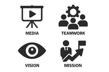 Fototapete - Business management icons set. Media presentation, teamwork collaboration, corporate vision, and company mission. Strategy, planning, and marketing web icon collection for apps.