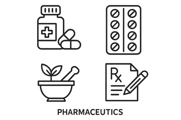 Fototapete - Pharmaceutics and medicine line icon set. Pharmacy, healthcare, and prescription concept. Vector symbols of pills, medication, mortar and pestle, Rx recipe for web and apps.