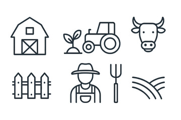 Fototapete - Agriculture and farming thin line icon set. Farm collection with tractor, barn, field, farmer, cow, sprout. Vector outline pictogram for rural life, organic food concept.