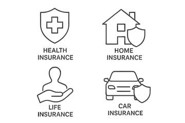 Fototapete - Insurance icons set for health, home, life, and car coverage. Vector line icon collection for protection, policy, and security concepts. Outline symbols for web and apps.