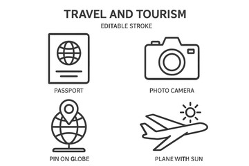 Fototapete - Travel and tourism outline icon set with passport, photo camera, airplane with sun, globe pin. Thin line stroke pictogram collection for mobile app UI, website, editable vector graphic