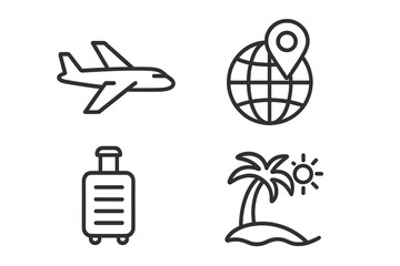 Fototapete - Travel icon set. Tourism, vacation, holiday symbols. Airplane flight, world globe location pin, suitcase luggage, tropical island beach. Thin line vector graphic for web.