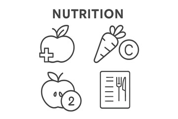 Fototapete - Nutrition icon set. Healthy food, diet, vitamins concept. Apple, carrot, menu, calories icon. Linear vector graphic. Health, wellness, lifestyle symbol for web, app design.