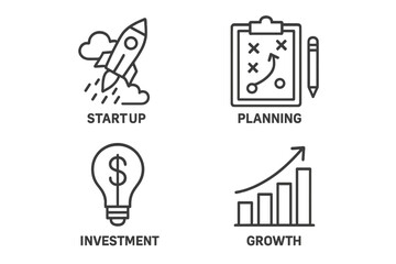 Fototapete - Business startup icon set. Thin line icons for planning, investment, and growth. Rocket launch, strategy clipboard, money idea lightbulb, and success chart vector symbols.