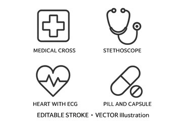 Fototapete - Medical icon set. Healthcare concepts. Stethoscope, hospital cross, cardiology heart ecg, pill, capsule. Simple line vector illustration for web, apps. Editable stroke.