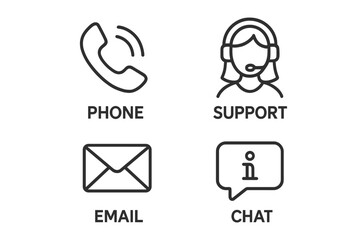 Fototapete - Contact us icon set. Customer service and support symbols. Phone, email, chat, and help desk signs. Thin line art vector for web design, mobile app, and website interface.