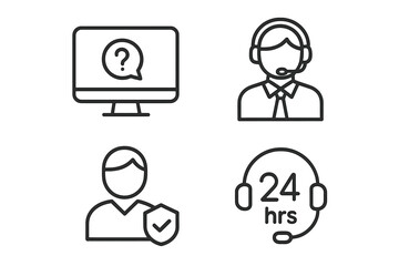 Fototapete - Customer service icon set in thin line style. Help and support collection. Call center operator, online assistance, 24-hour service, and user security outline pictograms.