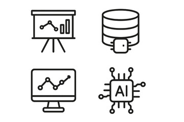 Fototapete - Data analytics and business intelligence line icon set. Big data analysis and statistics symbols. Icons for AI, machine learning, database server, monitoring and reporting.